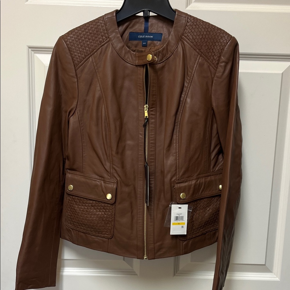Cole Haan Women's Tan Leather Jacket with Gold Accents